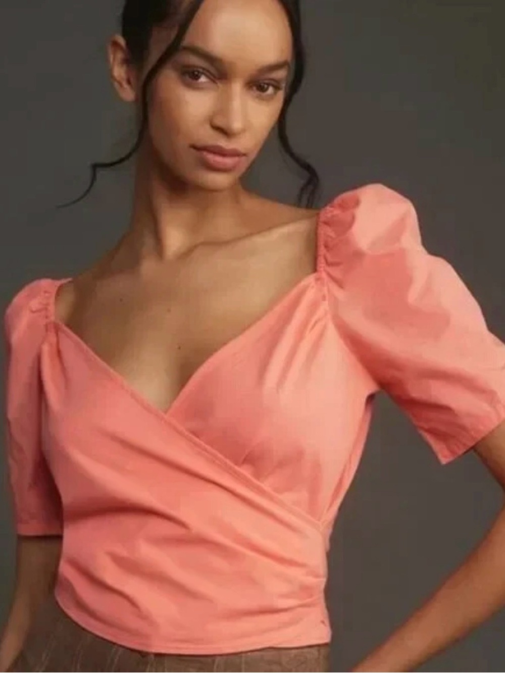 Anthropologie Coral Puff-Sleeve Wrap Crop Top